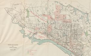 Plan pour la ville de Dhaka au Bangladesh établi par Patrick Geddes dans le cadre d'une étude de planification et de développement de la ville, dans GEDDES, Patrick, Report on town planning, Dacca, Calcutta : Bengal Secretariat Book Depot, 1917. (BIU Montpellier - section Droit - GED 1 RES)